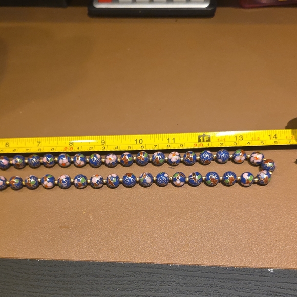 Vintage Cloisonné Bead Necklace — Navy Blue and Pink Floral - Picture 4 of 5